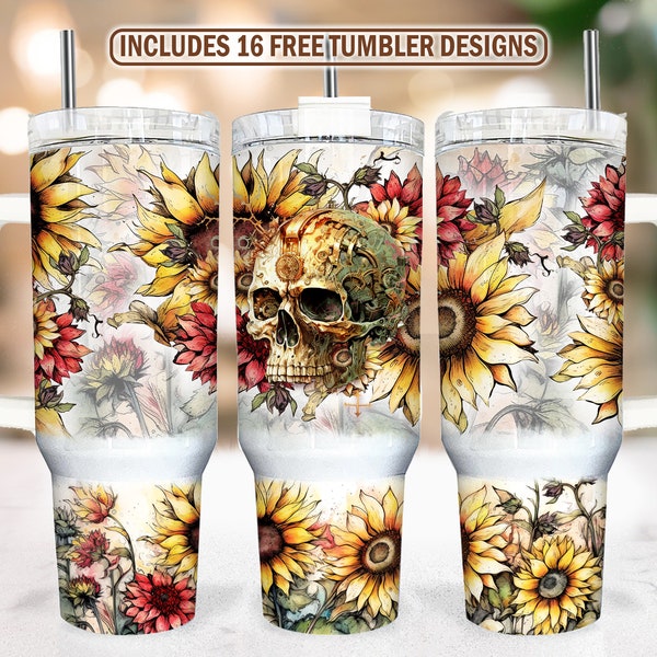 Gothic Skulls Sunflower 40oz Tumbler Wrap - PNG Tumbler Design Sublimation Designs Downloads - Skeleton Sublimation Tumbler with Handle Wrap