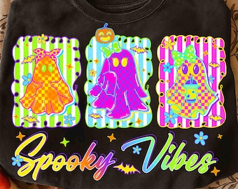 Neon Halloween Ghost Spooky Season Png, Cute Boo Ghost Coquette Png, Halloween Kids Png, Preppy Halloween Png, Checkered Ghosts Halloween