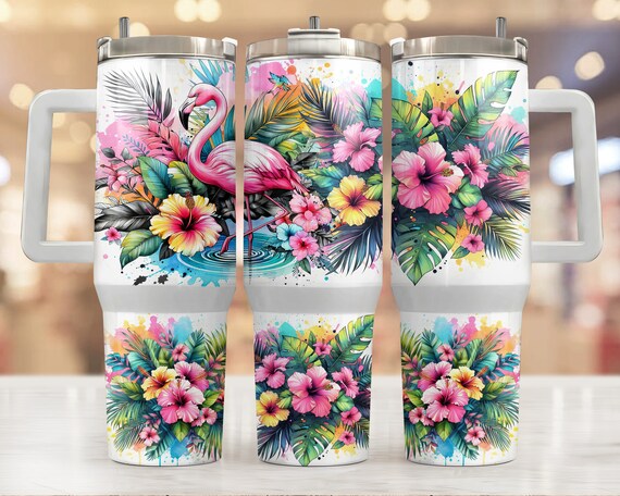 Tropical Pink Flamingo 40oz Tumbler Wrap Design, 40 ounce stanley cup, stanley quencher sublimation press, 40 oz handle colorful summer png