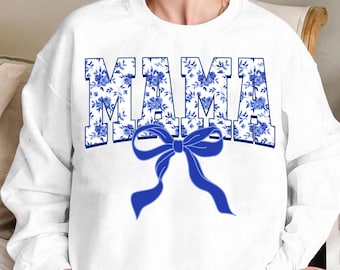 Mama Bow Png, Mama Coquette Bow Png, Mom Png, Blue Flowers Mama Bow Png, Girly Coquette Blue Chinoiserie Floral Grandmillennial Design