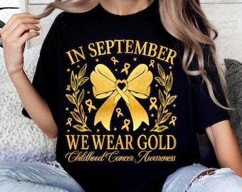 In September We Wear Gold Png, Childhood Cancer PNG, Cancer Coquette Bow Gold Png, Childhood Cancer Awareness Png, Gold Ribbon Png