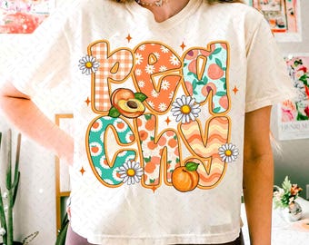 Pesca PNG, Coquette Summer PNG, Boho Peach PNG, Camicia floreale retrò con pesca PNG, Camicia estiva preppy PNG, Disegni a sublimazione, Frutta alla moda