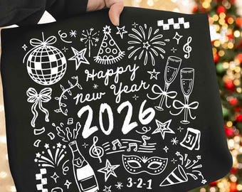 Coquette New Year 2026 Png, New Year Doodle Collage Png, Black Gold Glitter New Years Eve Shirt Design, Hello 2026 Sublimation