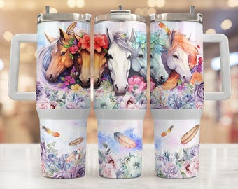 Horses 40 Oz Quencher Tumbler Sublimation Design Flower Animal Floral Digital Png Wrap Waterslide Download 40oz Tumbler Sublimation Designs