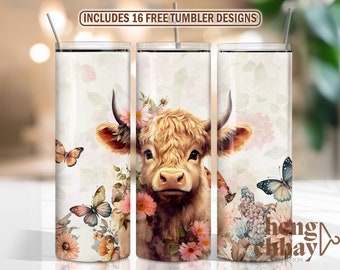 Baby Highland Cow Floral 20 oz Tumbler Wrap, Descarga digital PNG, Diseño de subliminación para vaso recto/cónico PNG Descarga digital