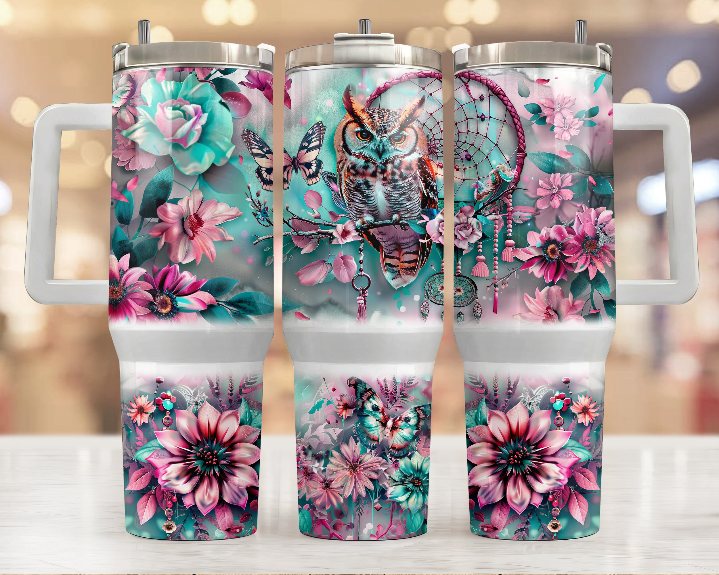 Owl With Pink and Blue Flowers, 40oz Tumbler Wrap, Pastel Sunflowers, Instant Download, Png, Tumbler