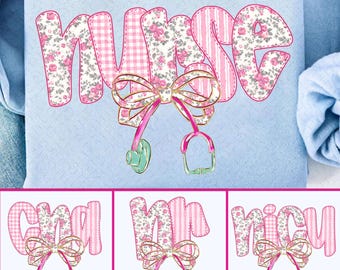 Preppy Nurse Blue Floral Bow PNG Bundle, Boho CNA Nicu RN Sublimation Design, Girly Coquette Bow Trendy Nurse Life Shirt Clipart