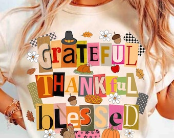 Grateful Thankful Blessed PNG Png, Preppy Thanksgiving Png, Vintage Fall Png, Floral Autumn Shirt Design, Retro Fall Png, Thankful Png