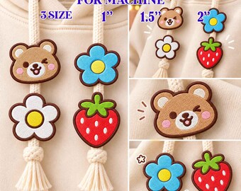 Bear Strawberry Flower Hoodie Charm Embroidery Design, Kawaii Mini Backpack Charm File PES JEF VP3