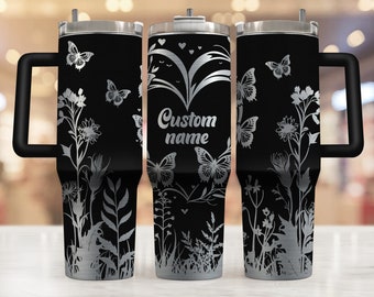 Add Your Text Floral Heart Butterfly Tumbler Svg, 40oz Tumbler Full Wrap Laser Svg, Laser Engraved Svg, Tumbler Laser File, Laser Svg