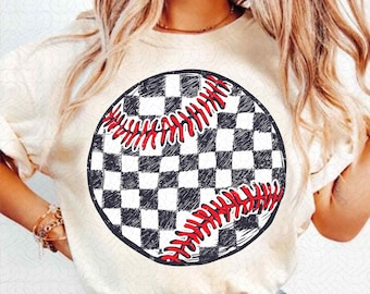 Béisbol a cuadros (Png), diseños de sublimación de camisetas de béisbol retro (Png), clipart de béisbol desgastado dibujado a mano, descarga instantánea