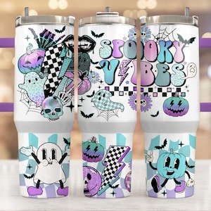 Spooky Vibes 40oz Tumbler Wrap, 40oz Quencher Tumbler, 40oz Halloween Tumbler Sublimation, Vintage Spooky Vibes, Retro Halloween Tumbler Png