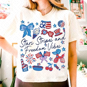 Stars Stipes and Freedom Vibes Png, 4th Of July Png, Girly American Png, USA png, America Coquette Png, Cute Doodles Patriotic Png