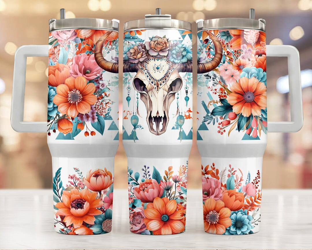 Boho Cow Skull 40oz Quencher Tumbler Sublimation Design Aqua and Brown ...