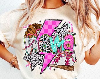 May include: A white t-shirt with a graphic design featuring the word "mama" in colourful letters with a pink lightning bolt, baseball, and a baseball glove. The design also includes a black and white leopard print pattern.