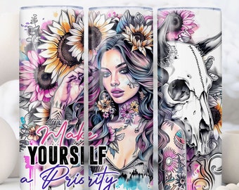 Western Sunflower Self Love Daily Affirmations Funny Snarky 20oz Tumbler Wrap, Sublimation Design Vorlagen PNG, Digitaler Download