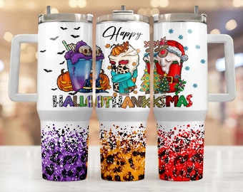 May include: Three stainless steel tumblers with lids and handles. The tumblers are decorated with a Halloween, Thanksgiving, and Christmas theme. The Halloween tumbler features a witch's hat, a pumpkin, and a spooky drink. The Thanksgiving tumbler features a turkey, a cornucopia, and a fall-themed drink. The Christmas tumbler features a reindeer, a Christmas tree, and a holiday drink. The tumblers have a white background with colourful designs and a splatter pattern on the bottom.