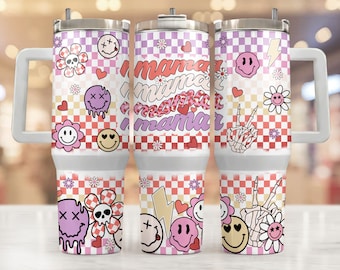 MAMA 40oz Quencher Tumbler Wrap Retro Groovy Smiley Checkered Png Funny Mom Seamless Sublimation Tumbler, Mama Valentine Tumbler Wrap