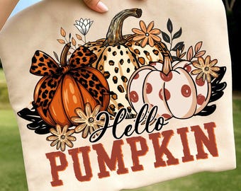 Hello Pumpkin Png, Boho Floral Fall Leopard Pumpkin Png, Boho Pumpkin Coquette Png, Vintage Autumn Shirt Design, Pumpkin Spice Sublimation