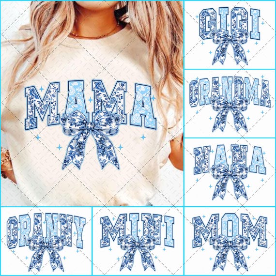 Chinoiserie Png Bundle, Floral Chinoiserie Png, Mother's Day Png Blue Bundle, Mama Varsity Png Bundle, Trendy Sublimation, Floral Mama Png