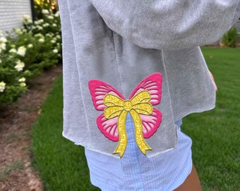 Butterfly Wings side Applique Bow double  machine embroidery designs shadowed ribbon Girly Bow from 4 to 6 inch sweatshirt seam