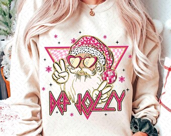 May include: A white sweatshirt with a pink and black graphic of Santa Claus wearing sunglasses and holding a disco ball. The text "Get Jolly" is written in pink and black letters below the graphic.