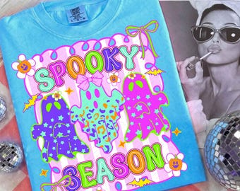 Spooky Season Png, Neon Halloween Floral Ghost Png, Cute Boo Ghost Coquette Png, Preppy Pumpkin Shirt Design, Checker Ghost Sublimation