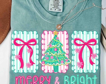 Floral preppy christmas tree bow png, merry & bright png, floral coquette png, preppy christmas png, Pink Blue christmas png,merry christmas