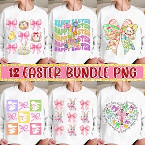 May include: A set of 12 digital PNG files featuring Easter-themed designs. The designs include bunnies, eggs, bows, and the phrase "He is Risen".