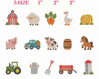 Classic Farm Mini Icons Bundle Embroidery Instant Download, Farm Animal Embroidery Bundle, Manual Digitizing