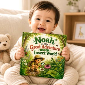 Puede incluir: Un bebé sonriente sostiene un libro infantil titulado "Noah y la Gran Aventura del Mundo de los Insectos". La portada del libro presenta una ilustración de un joven explorador con una lupa, rodeado de insectos y flores.