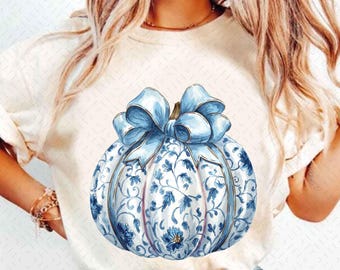 Fall png, Blue Floral Coquette Bow Pumpkin PNG sublimation, Thanksgiving png, pumpkin png, Fall pumpkin Coquette Png, fall pumpkin clipart