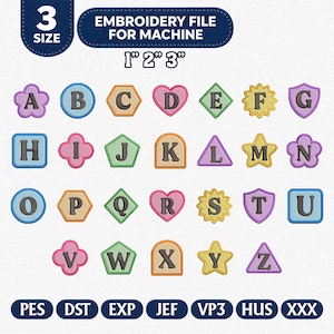 Puede incluir: Un archivo de bordado para máquina que presenta el alfabeto de la A a la Z. Cada letra está centrada dentro de una forma colorida única, incluyendo círculos, corazones, estrellas y escudos. El texto 3 SIZE y 1" 2" 3" es visible en la parte superior, con los formatos PES, DST, EXP, JEF, VP3, HUS y XXX listados en la parte inferior.