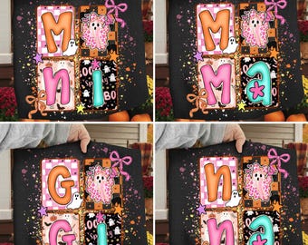 Halloween Mama Png-Bundle, gruseliges Mama-Shirt-Design, Preppy Pink Ghost Kokette Png, Girly Karierter Herbstkürbis Png, Mama Mini Nana Gigi