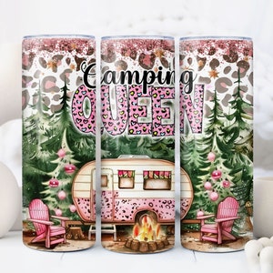 Camping Queen Tumbler Wrap, 20oz Skinny Sublimation Tumbler Design, Seamless Camping Sublimation Design, Pink Camper Tumbler Png Downloads