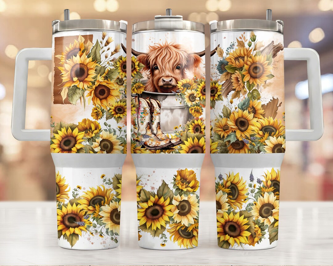 Highland Cow 40oz Quencher Tumbler Wrap, Cow Sunflower Tumbler Wrap for ...