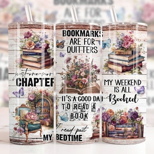Book Tumbler Wrap PNG 20 oz Skinny Tumbler Sublimation Design Instant Digital Download Only, Reading Tumbler Wrap, Floral Book Lover Tumbler