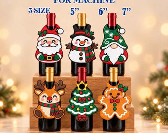 6 ITH Christmas Wine Bottle Collar Embroidery Bundle, Santa Snowman Reindeer Gnome Gingerbread Tree Bottle Neck Tags, Holiday Gifts, PES DST