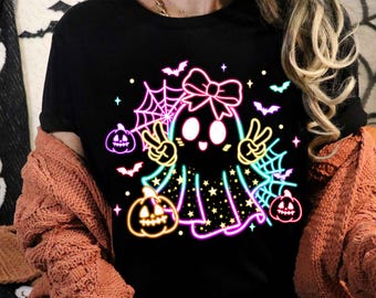 Cute Colorful Neon Boo Ghost Png, Halloween Boo Bow Png, Neon Halloween PNG, Boo Ghost Shirt Png, Cute Boo Halloween Sublimation Design