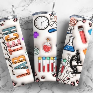 May include: Three stainless steel tumblers with different designs. One tumbler has the word "medical" written in colorful letters with a leopard print background. Another tumbler has a white background with colorful science-themed illustrations, including a clock, test tubes, a beaker, and a microscope. The third tumbler has a white background with colorful science-themed illustrations, including a beaker, test tubes, a microscope, and a ruler.