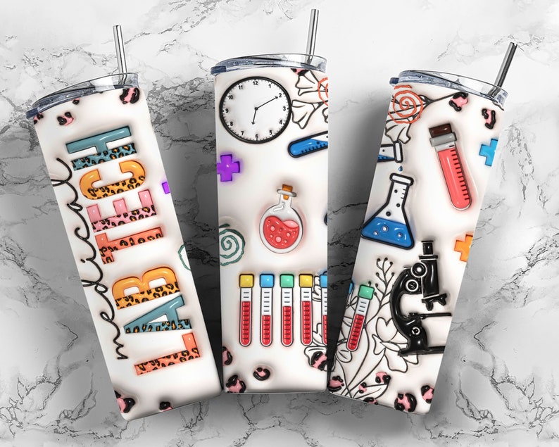 May include: Three stainless steel tumblers with different designs. One tumbler has the word "medical" written in colorful letters with a leopard print background. Another tumbler has a white background with colorful science-themed illustrations, including a clock, test tubes, a beaker, and a microscope. The third tumbler has a white background with colorful science-themed illustrations, including a beaker, test tubes, a microscope, and a ruler.