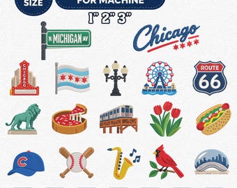 Mini Chicago Charm Embroidery Design Bundle, Windy City Landmark Icons, Illinois Travel Collection Machine Embroidery File, Instant Download