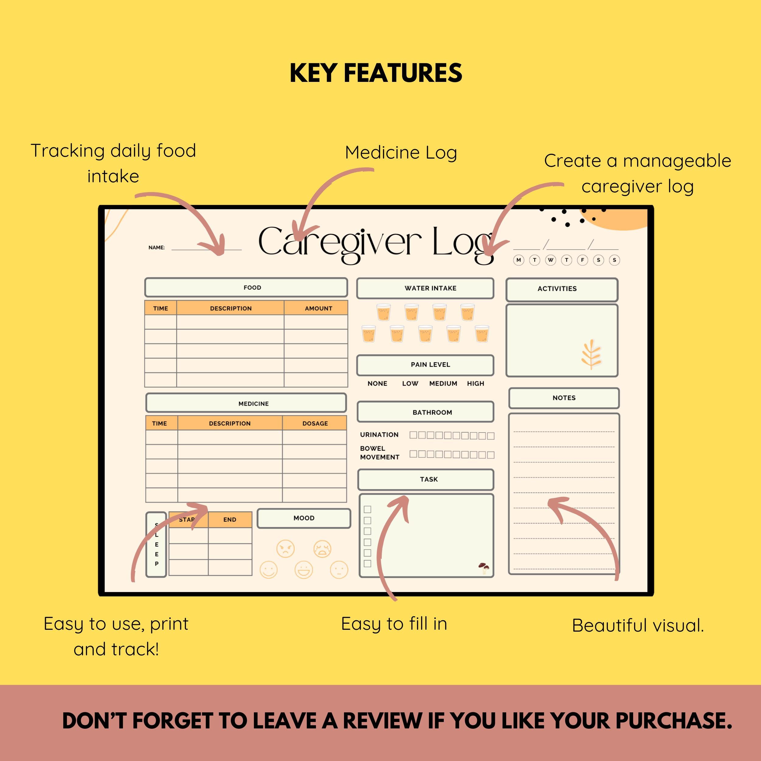 Printable Caregiver Log: Daily Tracker, Elder Care (PDF) - Etsy