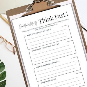 Senior Think Fast Game, Printable Games for Senior, Ice Breaker Games, Dementia Activities, Nursing Home Care, Senior Games