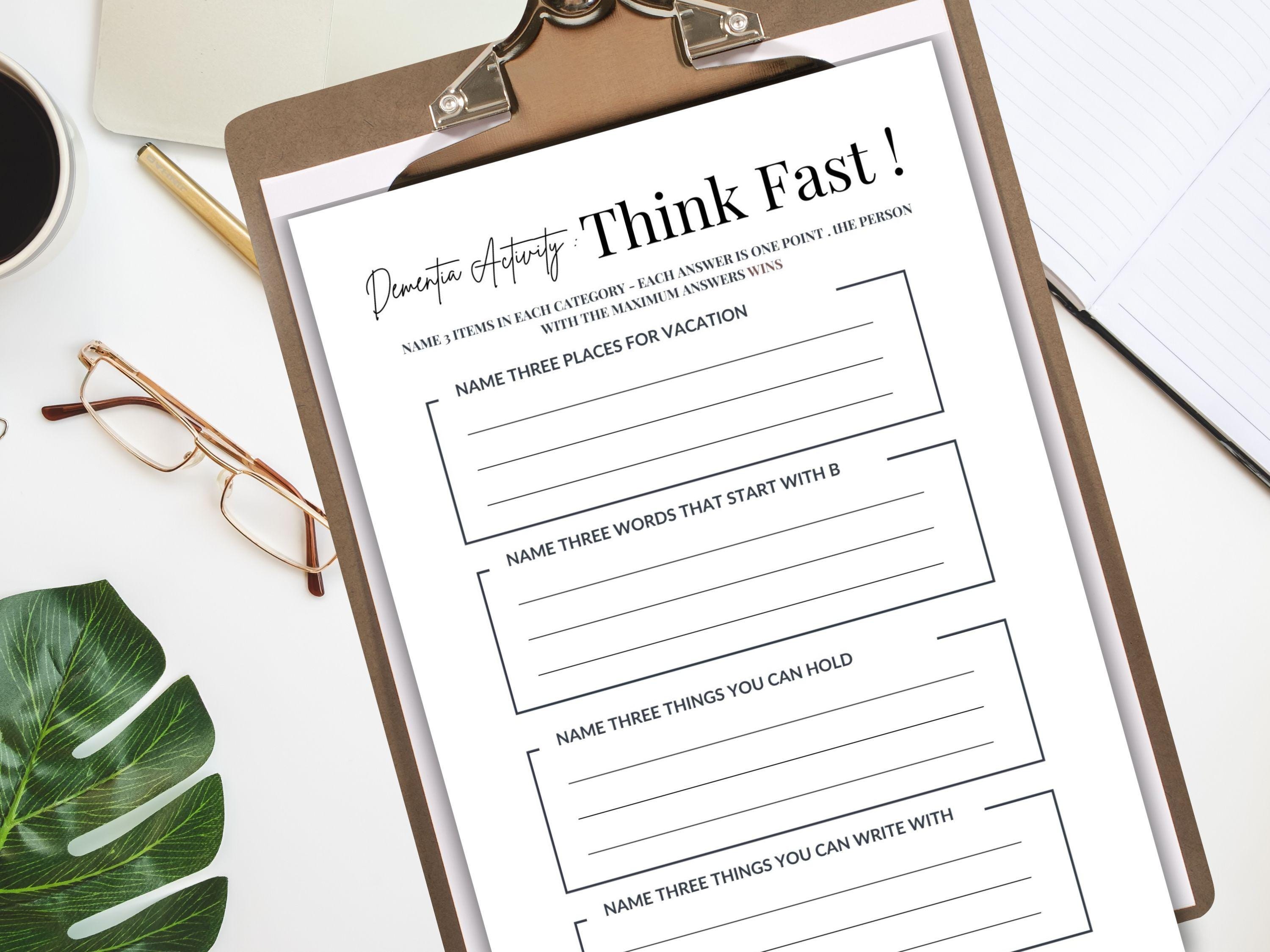Think Fast Worksheet.pdf Senior Think Fast Game: Printable Dementia Activities (PDF Download) - Etsy
