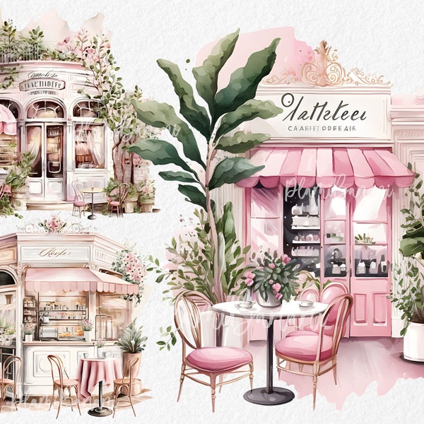Watercolor Paris Cafe clipart, Digital watercolor PNG files, Bakery Restaurant pastel clipart,  Free commercial use, Watercolor clipart png