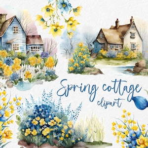 Spring cottage clipart, village farmhouse with spring flowers watercolor clipart, blue and yellow daffodil, tulips, crocus, floral stickers