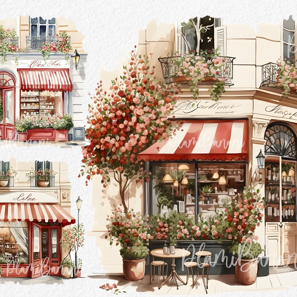 Retro Coffee shop Restaurant clipart, Paris cafe watercolor clip art, commercial use, scrapbooking. Romantic french illustration