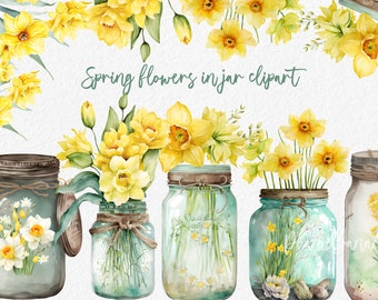 Yellow Spring Flowers In Jar, Daffodil Clipart, Watercolor Clipart, Wedding Invitations, Scrapbooking, Card Making, Mason Jar Flowers