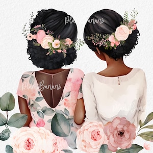 Clipart de demoiselle d'honneur, clipart de mariage de mariée afro-américaine, meilleurs amis clipart, illustration de demoiselle d'honneur, utilisation commerciale, ensemble de bricolage PNG